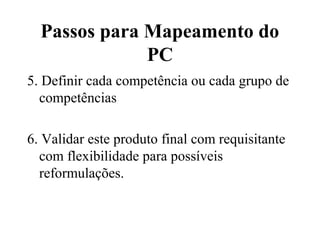 Passos para Mapeamento do
              PC
5. Definir cada competência ou cada grupo de
  competências

6. Validar este produto final com requisitante
  com flexibilidade para possíveis
  reformulações.
 