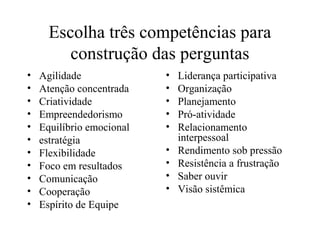 Escolha três competências para
         construção das perguntas
•   Agilidade              •   Liderança participativa
•   Atenção concentrada    •   Organização
•   Criatividade           •   Planejamento
•   Empreendedorismo       •   Pró-atividade
•   Equilíbrio emocional   •   Relacionamento
•   estratégia                 interpessoal
•   Flexibilidade          •   Rendimento sob pressão
•   Foco em resultados     •   Resistência a frustração
•   Comunicação            •   Saber ouvir
•   Cooperação             •   Visão sistêmica
•   Espírito de Equipe
 