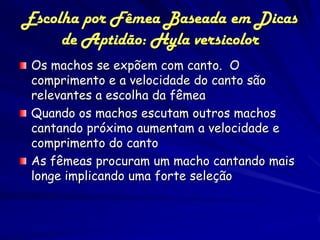 Escolha por Fêmea Baseada em Dicas
     de Aptidão: Hyla versicolor
 Os machos se expõem com canto. O
 comprimento e a velocidade do canto são
 relevantes a escolha da fêmea
 Quando os machos escutam outros machos
 cantando próximo aumentam a velocidade e
 comprimento do canto
 As fêmeas procuram um macho cantando mais
 longe implicando uma forte seleção
 