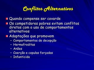 Conflitos Alternativos
Quando compense ser covarde
Os competidores pobres evitam conflitos
diretos com o uso de comportamentos
alternativos
Adaptações que promovem
–   Comportamentos de decepção
–   Hermafroditas
–   Anões
–   Coerção e copulas forçadas
–   Infanticida
 