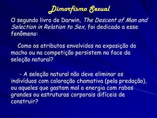 Dimorfismo Sexual
O segundo livro de Darwin, The Descent of Man and
Selection in Relation to Sex, foi dedicado a esse
fenômeno:

   Como os atributos envolvidos na exposição do
macho ou na competição persistem na face da
seleção natural?

   - A seleção natural não deve eliminar os
indivíduos com coloração chamativa (pela predação),
ou aqueles que gastam mal a energia com rabos
grandes ou estruturas corporais difíceis de
construir?
 