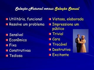 Seleção Natural versus Seleção Sexual

Utilitária, funcional   Vistosa, elaborada
Resolve um problema     Impressiona um
                        público
Sensível                Trivial
Econômica               Cara
Fixa                    Trocável
Construtivaa            Destrutiva
Tediosa                 Excitante
 