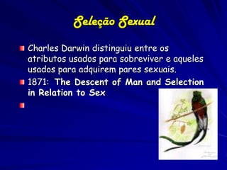 Seleção Sexual
Charles Darwin distinguiu entre os
atributos usados para sobreviver e aqueles
usados para adquirem pares sexuais.
1871: The Descent of Man and Selection
in Relation to Sex
 