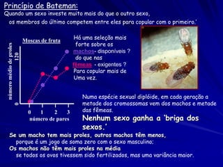 Princípio de Bateman:
Quando um sexo investe muito mais do que o outro sexo,
   os membros do último competem entre eles para copular com o primeiro.’

                                                 Há uma seleção mais
                            Moscas de fruta
                                                  forte sobre os
   número médio de proles




                                                machos- disponíveis ?
                 120




                                                  do que nas
                                                fêmeas - exigentes ?
                                                 Para copular mais de
                                                 Uma vez.


                                                   Numa espécie sexual diplóide, em cada geração a
                                                   metade dos cromossomas vem dos machos e metade
 0




                              0  1     2    3      das fêmeas.
                              número de pares      Nenhum sexo ganha a ‘briga dos
                                                   sexos.’
   Se um macho tem mais proles, outros machos têm menos,
     porque é um jogo de soma zero com o sexo masculino;
   Os machos não têm mais proles na média
     se todos os ovos tivessem sido fertilizados, mas uma variância maior.
 