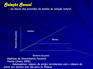 Seleção Sexual
   - um desvio das previsões do modelo da seleção natural.




                            macho
         Número de proles




                                        fêmea




                       Número de pares
  Hipótese do Investimento Parental
  Testes (Jones 2002)
     - Salamandras: número de proles correlaciona com o número de
pares nos machos mas não para as fêmeas
 