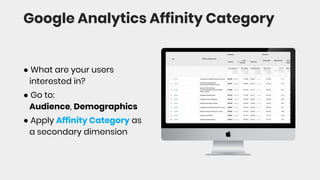 Google Analytics Affinity Category
● What are your users
interested in?
● Go to:
Audience, Demographics
● Apply Affinity Category as
a secondary dimension
 
