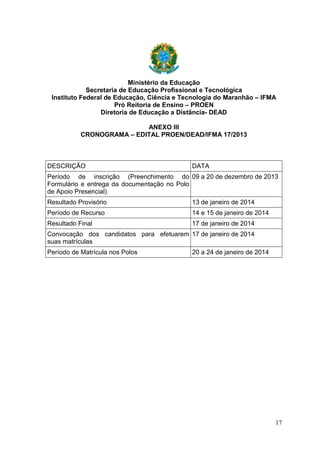 Ministério da Educação
Secretaria de Educação Profissional e Tecnológica
Instituto Federal de Educação, Ciência e Tecnologia do Maranhão – IFMA
Pró Reitoria de Ensino – PROEN
Diretoria de Educação a Distância- DEAD
ANEXO III
CRONOGRAMA – EDITAL PROEN/DEAD/IFMA 17/2013

DESCRIÇÃO

DATA

Período de inscrição (Preenchimento do 09 a 20 de dezembro de 2013
Formulário e entrega da documentação no Polo
de Apoio Presencial)
Resultado Provisório

13 de janeiro de 2014

Período de Recurso

14 e 15 de janeiro de 2014

Resultado Final

17 de janeiro de 2014

Convocação dos candidatos para efetuarem 17 de janeiro de 2014
suas matrículas
Período de Matrícula nos Polos

20 a 24 de janeiro de 2014

17

 