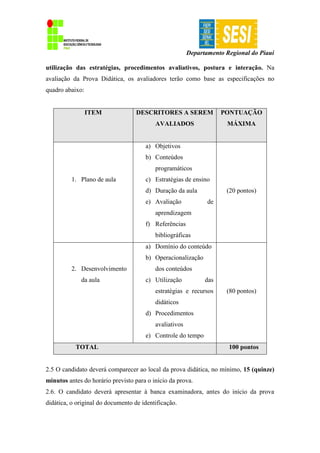 Departamento Regional do Piauí
utilização das estratégias, procedimentos avaliativos, postura e interação. Na
avaliação da Prova Didática, os avaliadores terão como base as especificações no
quadro abaixo:
ITEM DESCRITORES A SEREM
AVALIADOS
PONTUAÇÃO
MÁXIMA
1. Plano de aula
a) Objetivos
b) Conteúdos
programáticos
c) Estratégias de ensino
d) Duração da aula
e) Avaliação de
aprendizagem
f) Referências
bibliográficas
(20 pontos)
2. Desenvolvimento
da aula
a) Domínio do conteúdo
b) Operacionalização
dos conteúdos
c) Utilização das
estratégias e recursos
didáticos
d) Procedimentos
avaliativos
e) Controle do tempo
(80 pontos)
TOTAL 100 pontos
2.5 O candidato deverá comparecer ao local da prova didática, no mínimo, 15 (quinze)
minutos antes do horário previsto para o início da prova.
2.6. O candidato deverá apresentar à banca examinadora, antes do início da prova
didática, o original do documento de identificação.
 