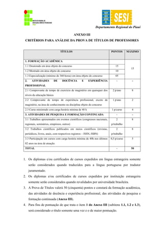 Departamento Regional do Piauí
ANEXO III
CRITÉRIOS PARA ANÁLISE DA PROVA DE TÍTULOS DE PROFESSORES
TÍTULOS PONTOS MÁXIMO
1. FORMAÇÃO ACADÊMICA
15
1.1 Doutorado em área objeto do concurso 15
1.2 Mestrado em área objeto do concurso 10
1.3 Especialização (mínimo de 360 horas) em área objeto do concurso 05
2. ATIVIDADES DE DOCÊNCIA E EXPERIÊNCIA
PROFISSIONAL
- -
2.1 Comprovante de tempo de exercício de magistério em quaisquer dos
níveis da educação básica
2 p/ano 8
2.2 Comprovante de tempo de experiência profissional, exceto de
magistério, na área de conhecimento ou disciplina objeto do concurso
1 p/ano 2
2.3 Curso ministrado com carga horária mínima de 40 h 1 p/curso 4
3. ATIVIDADES DE PESQUISA E FORMAÇÃO CONTINUADA - -
3.1 Trabalhos apresentados em eventos científicos (congressos nacionais,
regionais, seminários, simpósios, outros)
2
p/trabalho
8
3.2 Trabalhos científicos publicados em meios científicos (revistas,
periódicos, livros, anais, com respectivos registros – ISSN, ISBN)
2
p/trabalho
8
3.3 Participação em cursos com carga horária mínima de 40h nos últimos
02 anos na área de atuação.
0,5 p/curso 5
TOTAL - 50
1. Os diplomas e/ou certificados de cursos expedidos em língua estrangeira somente
serão considerados quando traduzidos para a língua portuguesa por tradutor
juramentado.
2. Os diplomas e/ou certificados de cursos expedidos por instituição estrangeira
somente serão considerados quando revalidados por universidade brasileira.
3. A Prova de Títulos valerá 50 (cinquenta) pontos e constará da formação acadêmica,
das atividades de docência e experiência profissional, das atividades de pesquisa e
formação continuada (Anexo III).
4. Para fins de pontuação de que trata o item 1 do Anexo III (subitens 1.1, 1.2 e 1.3),
será considerado o título somente uma vez e o de maior pontuação.
 