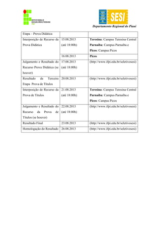 Departamento Regional do Piauí
Etapa – Prova Didática
Interposição de Recurso da
Prova Didática
15.08.2013
(até 18:00h)
Teresina: Campus Teresina Central
Parnaíba: Campus Parnaíba e
Picos: Campus Picos
16.08.2013 Picos
Julgamento e Resultado do
Recurso Prova Didática (se
houver)
17.08.2013
(até 18:00h)
(http://www.ifpi.edu.br/seletivosesi)
Resultado da Terceira
Etapa Prova de Títulos
20.08.2013 (http://www.ifpi.edu.br/seletivosesi)
Interposição de Recurso da
Prova de Títulos
21.08.2013
(até 18:00h)
Teresina: Campus Teresina Central
Parnaíba: Campus Parnaíba e
Picos: Campus Picos
Julgamento e Resultado do
Recurso da Prova de
Títulos (se houver)
22.08.2013
(até 18:00h)
(http://www.ifpi.edu.br/seletivosesi)
Resultado Final 23.08.2013 (http://www.ifpi.edu.br/seletivosesi)
Homologação do Resultado 26.08.2013 (http://www.ifpi.edu.br/seletivosesi)
 