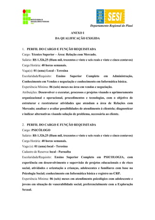 Departamento Regional do Piauí
ANEXO I
DA QUALIFICAÇÃO EXIGIDA
1. PERFIL DO CARGO E FUNÇÃO REQUISITADA
Cargo: Técnico Superior – Área: Relação com Mercado.
Salário: R$ 1.326,25 (Hum mil, trezentos e vinte e seis reais e vinte e cinco centavos)
Carga Horária: 40 horas semanais.
Vaga(s): 01 (uma) Local - Teresina
Escolaridade∕Requisito: Ensino Superior Completo em Administração,
Conhecimento em Vendas e negociação e conhecimento em Informática básica.
Experiência Mínima: 06 (seis) meses na área em vendas e negociação.
Atribuições: Desenvolver e executar, processos e projetos visando o aprimoramento
organizacional e operacional, procedimentos e tecnologias, com o objetivo de
estruturar e reestruturar atividades que atendam a área de Relações com
Mercado; analisar e avaliar possibilidades de atendimento à clientela; diagnosticar
e indicar alternativas visando solução de problema, necessária ao cliente.
2. PERFIL DO CARGO E FUNÇÃO REQUISITADA
Cargo: PSICÓLOGO
Salário: R$ 1.326,25 (Hum mil, trezentos e vinte e seis reais e vinte e cinco centavos)
Carga Horária: 40 horas semanais.
Vaga (s): 01 (uma) local - Teresina
Cadastro de Reserva: local - Parnaíba
Escolaridade∕Requisito: Ensino Superior Completo em PSICOLOGIA, com
experiência em desenvolvimento e supervisão de projetos educacionais e de risco
social, atividades e orientação a crianças, adolescentes e familiares com base na
Psicologia Social; conhecimento em Informática básica e registro no CRP.
Experiência Mínima: 06 (seis) meses em atendimento psicológico com adolescente e
jovens em situação de vunerabilidade social, preferencialmente com a Exploração
Sexual.
 