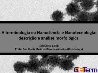 A terminologia da Nanociência e Nanotecnologia: descrição e análise morfológica  Joel Sossai Coleti Profa. Dra. Gladis Maria de Barcellos Almeida (Orientadora) 