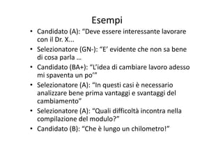 Esempip
• Candidato (A): “Deve essere interessante lavorare 
con il Dr. X...
• Selezionatore (GN‐): “E’ evidente che non sa bene 
di cosa parla …
• Candidato (BA+): “L’idea di cambiare lavoro adesso 
mi spaventa un po’”
• Selezionatore (A): “In questi casi è necessario 
analizzare bene prima vantaggi e svantaggi del 
cambiamento”
• Selezionatore (A): “Quali difficoltà incontra nella 
compilazione del modulo?”
• Candidato (B): “Che è lungo un chilometro!”
 