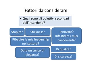 Fattori da considerareFattori da considerare
Q li li bi tti i d i• Quali sono gli obiettivi secondari 
dell’inserzione?
Stupire? Stickness? Innovare?Stupire? Stickness?
Ribadire la mia leadership
Innovare?
Infastidire i miei 
concorrenti?Ribadire la mia leadership 
nel settore?
concorrenti?
Dare un senso di 
eleganza?
Di qualità?
eleganza?
Di sicurezza?
 