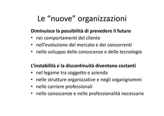 Le “nuove” organizzazioniLe  nuove  organizzazioni
Diminuisce la possibilità di prevedere il futuroDiminuisce la possibilità di prevedere il futuro
• nei comportamenti del cliente
• nell’evoluzione del mercato e dei concorrenti• nell evoluzione del mercato e dei concorrenti
• nello sviluppo delle conoscenze e delle tecnologie
L’instabilità e la discontinuità diventano costanti
l l i d• nel legame tra soggetto e azienda
• nelle strutture organizzative e negli organigrammi
• nelle carriere professionali
• nelle conoscenze e nelle professionalità necessarie
 