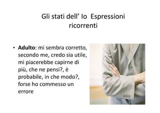 Gli stati dell’ Io EspressioniGli stati dell  Io  Espressioni 
ricorrenti
• Adulto: mi sembra corretto, 
secondo me, credo sia utile,secondo me, credo sia utile, 
mi piacerebbe capirne di 
più che ne pensi? èpiù, che ne pensi?, è 
probabile, in che modo?, 
f hforse ho commesso un 
errore
 
