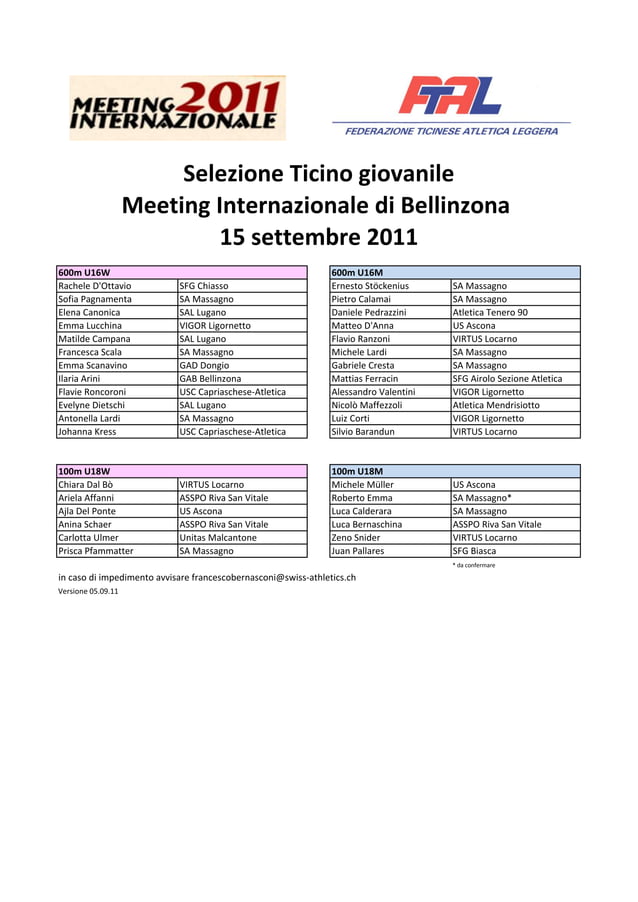 Selezione meeting bellinzona 600m u16 e 100m u18 2011 PDF