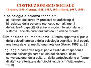 COSTRUZIONISMO SOCIALE
(Bruner, 1990; Gergen, 1985, 1987, 1991; Harré, 1987, 1998)

La psicologia è scienza “doppia”:
a) scienza del corpo  processi neurofisiologici
b) scienza della persona (concetto non altrimenti
definibile) capacità di agire in modo intenzionale in un
sistema sociale caratterizzato da un ordine morale.
Eliminazione del mentalismo : “L’intero apparato di punta
della psicodinamica e della psicologia cognitiva è al peggio
una fantasia e al meglio una metafora (Harré, 1998, p. 29)
Linguaggio come “via regia” per lo studio dell’esperienza
umana: psicologia come studio del discorso, della
conversazione, della cultura, della partecipazione a “forme
di vita”, caratterizzate da “giochi linguistici” (Wittgenstein,
1953).

 