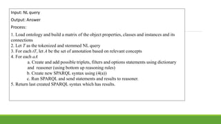 Input: NL query 
Output: Answer 
Process: 
1. Load ontology and build a matrix of the object properties, classes and instances and its 
connections 
2. Let T as the tokenized and stemmed NL query 
3. For each tT, let A be the set of annotation based on relevant concepts 
4. For each aA 
a. Create and add possible triplets, filters and options statements using dictionary 
and reasoner (using bottom up reasoning rules) 
b. Create new SPARQL syntax using (4(a)) 
c. Run SPARQL and send statements and results to reasoner. 
5. Return last created SPARQL syntax which has results. 
 
