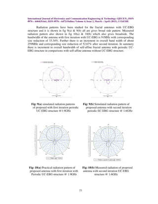 International Journal of Electronics and Communication Engineering & Technology (IJECET), ISSN
0976 – 6464(Print), ISSN 0976 – 6472(Online) Volume 4, Issue 2, March – April (2013), © IAEME

        Radiation patterns have been studied for the fractal antennas with UC-EBG
structure and it is shown in fig 9(a) & 9(b) all are gives broad side pattern. Measured
radiation pattern also shown in fig 10(a) & 10(b) which also gives broadside. The
bandwidth of the antenna with first iteration with UC-EBG is 91MHz with corresponding
size reduction of 33.34%. Further there is an increment in overall band width of about
259MHz and corresponding size reduction of 52.67% after second iteration. In summery
there is increment in overall bandwidth of self-affine fractal antenna with periodic UC-
EBG structure in comparisons with self-affine antenna without UC-EBG structure.




   Fig: 9(a) simulated radiation patterns            Fig: 9(b) Simulated radiation pattern of
    of proposed with first iteration periodic          proposed antenna with second iteration
       UC-EBG structure @1.9GHz                         periodic EC-EBG structure @ 1.6GHz




 Fig: 10(a) Practical radiation pattern of           Fig: 10(b) Measured radiation of proposed
 proposed antenna with first iteration with          antenna with second iteration UC-EBG
  Periodic UC-EBG structure @ 1.9GHz                           structure @ 1.6GHz




                                                21
 