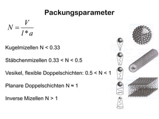 Packungsparameter
al
V
N
*
=
Kugelmizellen N < 0.33
Stäbchenmizellen 0.33 < N < 0.5
Vesikel, flexible Doppelschichten: 0.5 < N < 1
Planare Doppelschichten N ≈ 1
Inverse Mizellen N > 1
 