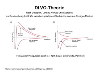 DLVO-Theorie
http://www.chemsoc.org/chembytes/ezine/2003/garvey_feb03.htm
Flokkulation/Koagulation durch ∆T, ∆pH, Salze, Scherkräfte, Polymere
Nach Derjaguin, Landau, Verwey und Overbeek
zur Beschreibung der Kräfte zwischen geladenen Oberflächen in einem flüssigen Medium
 