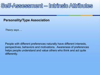 Self-Assessment – Intrinsic Attributes

 Personality/Type Association

  Theory says….




  People with different preferences naturally have different interests,
  perspectives, behaviors and motivations. Awareness of preferences
  helps people understand and value others who think and act quite
  differently.
 