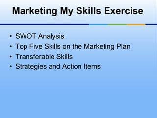 Marketing My Skills Exercise

•   SWOT Analysis
•   Top Five Skills on the Marketing Plan
•   Transferable Skills
•   Strategies and Action Items
 
