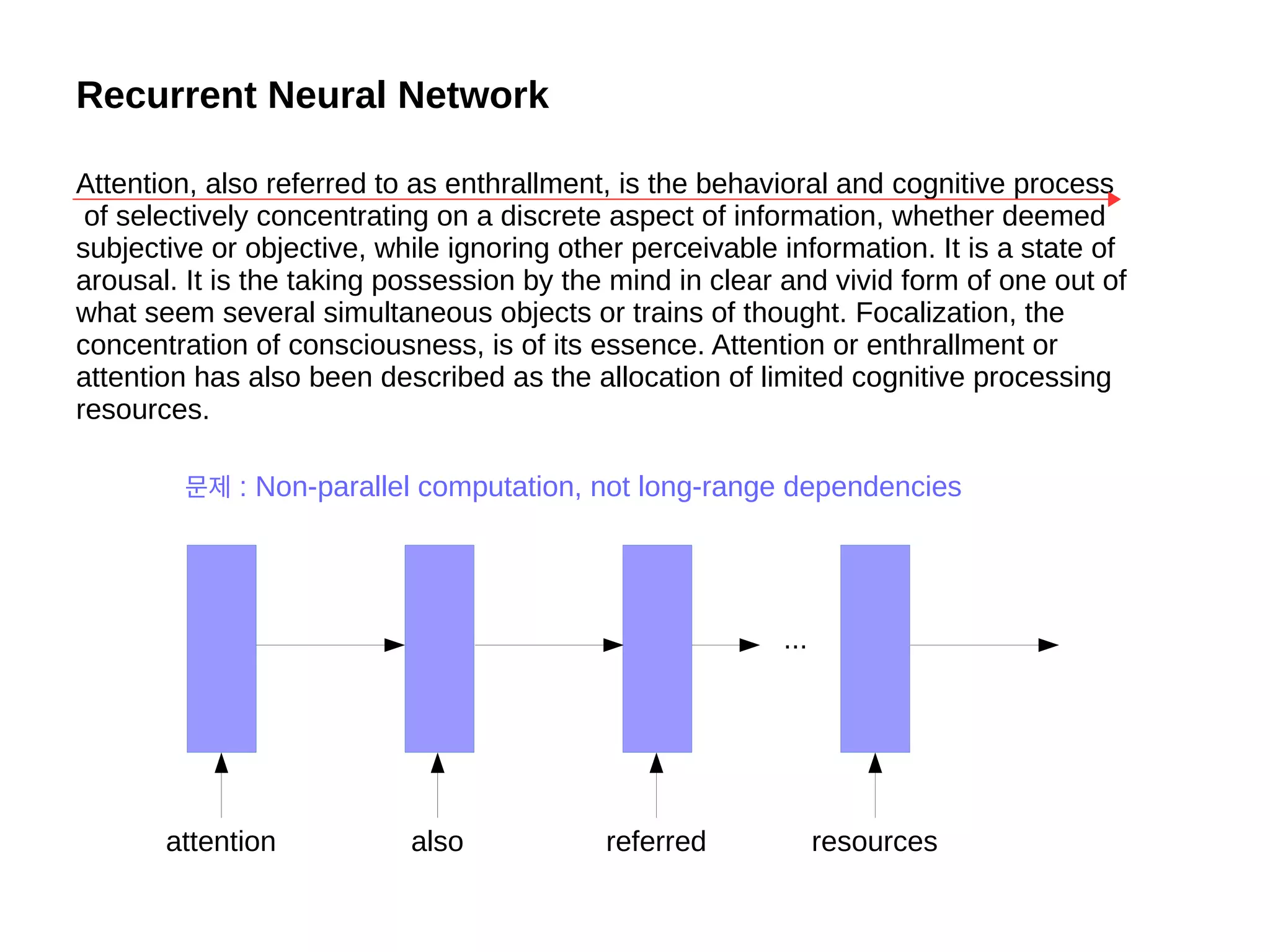 Attention, also referred to as enthrallment, is the behavioral and cognitive process
of selectively concentrating on a discrete aspect of information, whether deemed
subjective or objective, while ignoring other perceivable information. It is a state of
arousal. It is the taking possession by the mind in clear and vivid form of one out of
what seem several simultaneous objects or trains of thought. Focalization, the
concentration of consciousness, is of its essence. Attention or enthrallment or
attention has also been described as the allocation of limited cognitive processing
resources.
Recurrent Neural Network
...
attention also referred resources
문제 : Non-parallel computation, not long-range dependencies
 