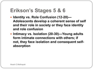 Erikson’s Stages 5 & 6
 Identity vs. Role Confusion (12-20)—

Adolescents develop a coherent sense of self
and their role in society or they face identity
and role confusion
 Intimacy vs. Isolation (20-30)—Young adults
form intimate connections with others; if
not, they face isolation and consequent selfabsorption

Akash C.Mathapati

 