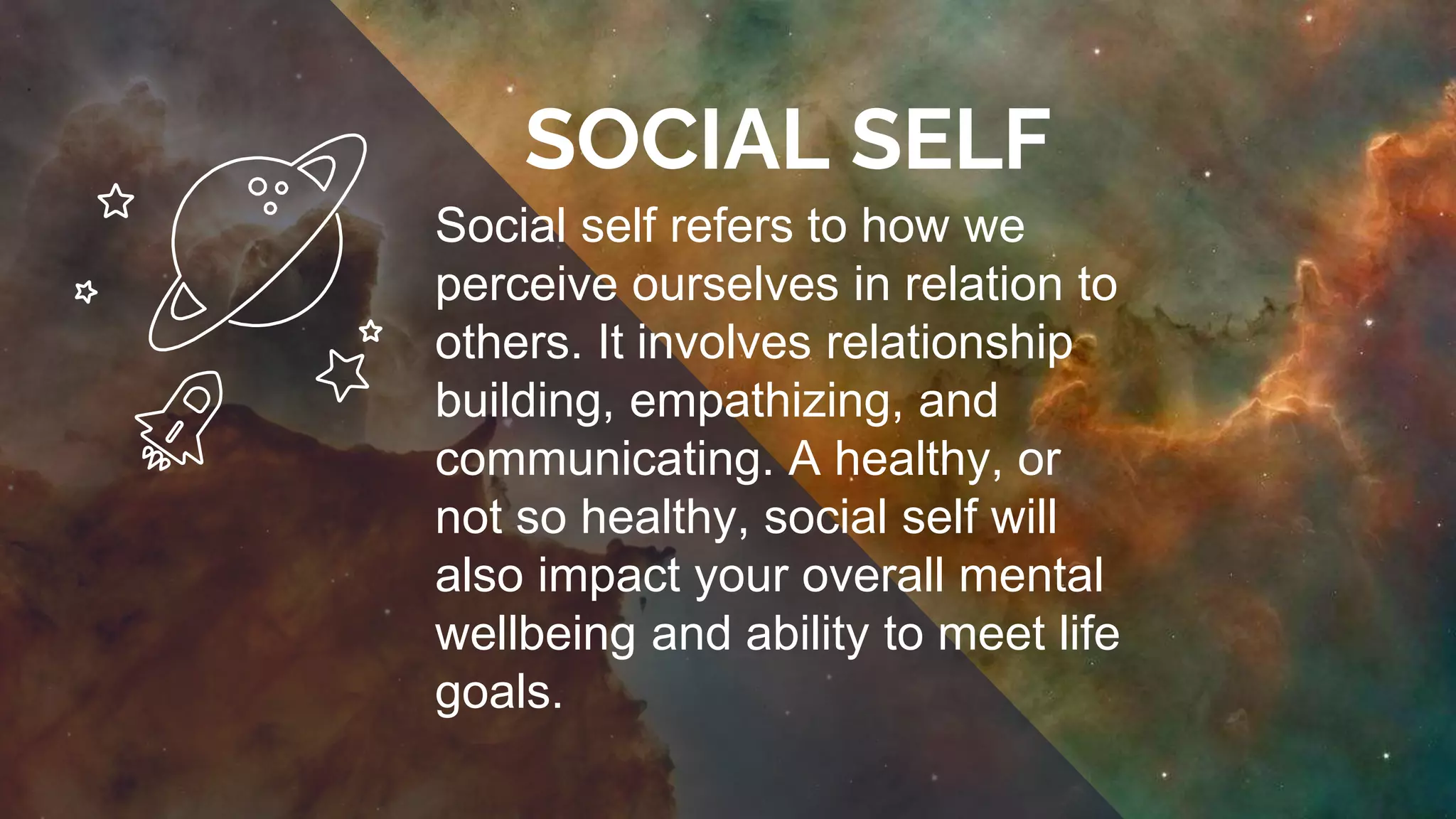 SOCIAL SELF
Social self refers to how we
perceive ourselves in relation to
others. It involves relationship
building, empathizing, and
communicating. A healthy, or
not so healthy, social self will
also impact your overall mental
wellbeing and ability to meet life
goals.
 