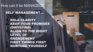 How can it be MANAGED?
SELF MANAGEMENT…
1. ROLE CLARITY
2. KEEP YOUR PROMISES
(DWYSYWD)
3. ALIGN TO THE RIGHT
LEVEL OF
ENGAGEMENT
4. FIRST THINGS FIRST
5. NURTURE YOURSELF
 
