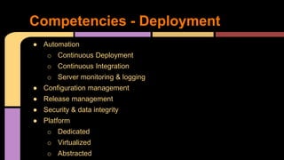 ● Automation
o Continuous Deployment
o Continuous Integration
o Server monitoring & logging
● Configuration management
● Release management
● Security & data integrity
● Platform
o Dedicated
o Virtualized
o Abstracted
Competencies - Deployment
 