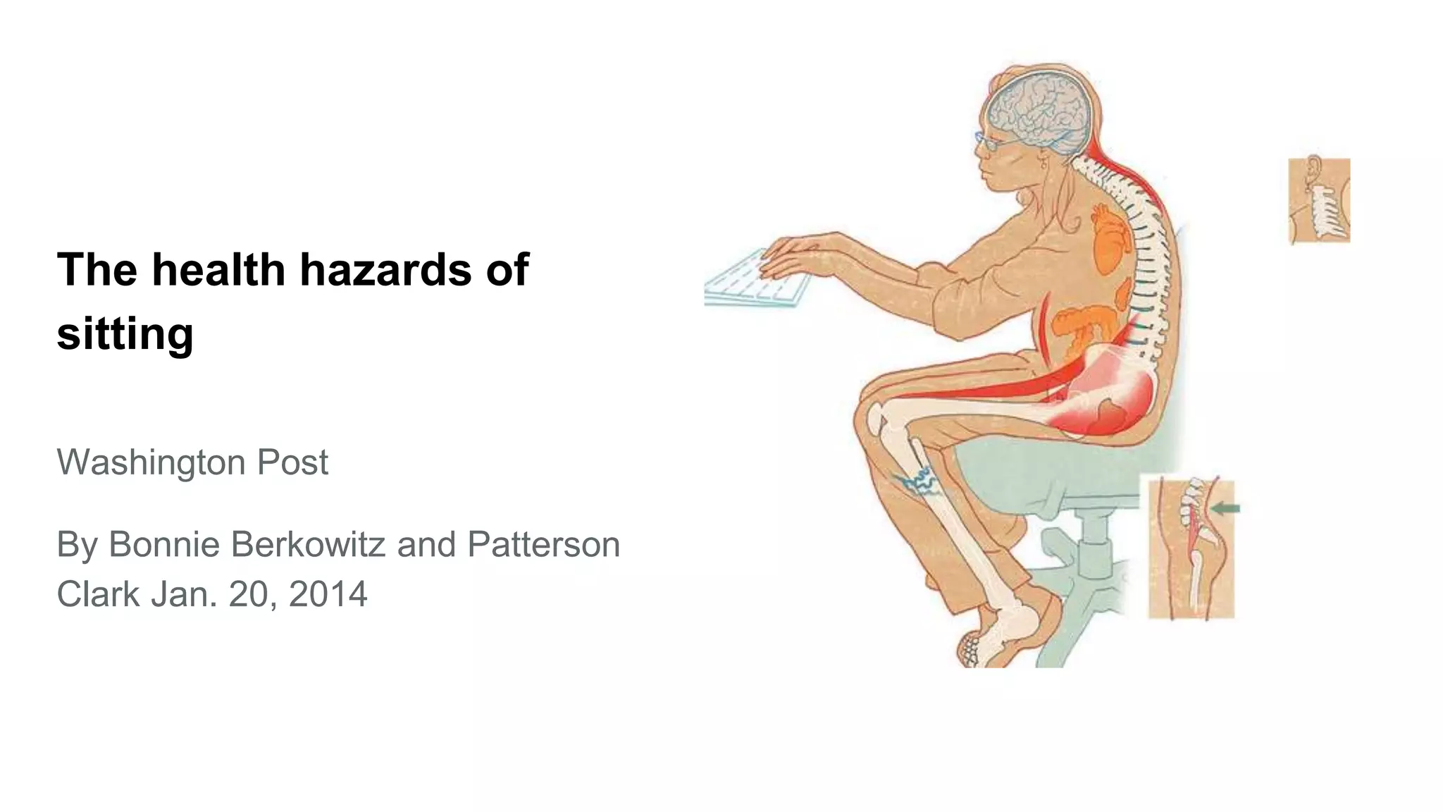 The health hazards of
sitting
Washington Post
By Bonnie Berkowitz and Patterson
Clark Jan. 20, 2014
 