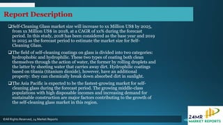 Self-Cleaning Glass market size will increase to xx Million US$ by 2025,
from xx Million US$ in 2018, at a CAGR of xx% during the forecast
period. In this study, 2018 has been considered as the base year and 2019
to 2025 as the forecast period to estimate the market size for Self-
Cleaning Glass.
The field of self-cleaning coatings on glass is divided into two categories:
hydrophobic and hydrophilic. These two types of coating both clean
themselves through the action of water, the former by rolling droplets and
the latter by sheeting water that carries away dirt. Hydrophilic coatings
based on titania (titanium dioxide), however, have an additional
property: they can chemically break down absorbed dirt in sunlight.
The Asia Pacific is expected to be the fastest-growing market for self-
cleaning glass during the forecast period. The growing middle-class
populations with high disposable incomes and increasing demand for
sustainable construction are major factors contributing to the growth of
the self-cleaning glass market in this region.
Report Description
©All Rights Reserved, 24 Market Reports
 