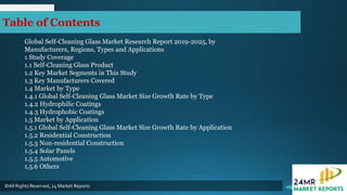 Table of Contents
©All Rights Reserved, 24 Market Reports
Global Self-Cleaning Glass Market Research Report 2019-2025, by
Manufacturers, Regions, Types and Applications
1 Study Coverage
1.1 Self-Cleaning Glass Product
1.2 Key Market Segments in This Study
1.3 Key Manufacturers Covered
1.4 Market by Type
1.4.1 Global Self-Cleaning Glass Market Size Growth Rate by Type
1.4.2 Hydrophilic Coatings
1.4.3 Hydrophobic Coatings
1.5 Market by Application
1.5.1 Global Self-Cleaning Glass Market Size Growth Rate by Application
1.5.2 Residential Construction
1.5.3 Non-residential Construction
1.5.4 Solar Panels
1.5.5 Automotive
1.5.6 Others
 