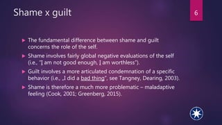 Shame x guilt 6
 The fundamental difference between shame and guilt
concerns the role of the self.
 Shame involves fairly global negative evaluations of the self
(i.e., “I am not good enough, I am worthless”).
 Guilt involves a more articulated condemnation of a specific
behavior (i.e., „I did a bad thing”, see Tangney, Dearing, 2003).
 Shame is therefore a much more problematic – maladaptive
feeling (Cook, 2001; Greenberg, 2015).
 