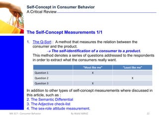 Self-Concept in Consumer Behavior
              A Critical Review




              The Self-Concept Measurements 1/1

              1. The Q-Sort : A method that measures the relation between the
                 consumer and the product.
                             The self-identification of a consumer to a product.
                 This method denotes a series of questions addressed to the respondents
                 in order to extract what the consumers really want.
                                                 “Most like me”       “Least like me”
                    Question 1                           X
                    Question 2                                              X
                    Question 3                           X

              In addition to other types of self-concept measurements where discussed in
              this article, such as :
              2. The Semantic Differential
              3. The Adjective check-list
              4. The sex-role attitude measurement.
MK 617 - Consumer Behavior              By Walid ABRAZ                                  22
 