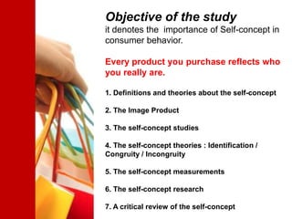 Objective of the study
it denotes the importance of Self-concept in
consumer behavior.

Every product you purchase reflects who
you really are.

1. Definitions and theories about the self-concept

2. The Image Product

3. The self-concept studies

4. The self-concept theories : Identification /
Congruity / Incongruity

5. The self-concept measurements

6. The self-concept research

7. A critical review of the self-concept
 
