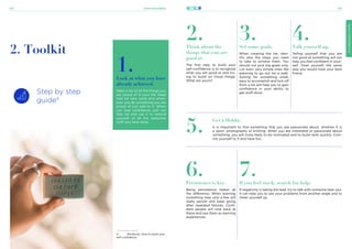 21stCenturySkills
133 134
SELF-CONFIDENCE
2. Toolkit
5.
2.
Think about the
things that you are
good at.
The first step to build your
self-confidence is to recognize
what you are good at and try-
ing to build on those things.
What are yours?
4.
Talk yourself up.
Telling yourself that you are
not good at something will not
help you feel confident in your-
self. Treat yourself the same
way you would treat your best
friend.
6.
Persistence is key.
Being persistence makes all
the difference. When learning
something new, only a few will
really persist and keep going
after repeated failures. Confi-
dent people will look back at
these and see them as learning
experiences.
7.
If you feel stuck, search for help.
If negativity is taking the lead, try to talk with someone near you.
It can help you to see your problems from another angle and to
cheer yourself up.
3.
Set some goals.
When creating the list, iden-
tify also the steps you need
to take to achieve them. You
should not pick big goals only.
List even very simple ones like
planning to go out for a walk.
Aiming for something small,
easy to accomplish and tick off
from a list will help you to gain
confidence in your ability to
get stuff done.
Step by step
guide4
1.
Look at what you have
already achieved.
Make a list of all the things you
are proud of in your life. Keep
that list very close and when-
ever you do something you are
proud of just add to it. When
you lose confidence, pull out
that list and use it to remind
yourself of all the awesome
stuff you have done.
4	 Mindtools, How to build your
self-confidence.
Get a Hobby.
It is important to find something that you are passionate about, whether it is
a sport, photography or knitting. When you are interested or passionate about
something, you will more likely to be motivated and to build skills quickly. Com-
mit yourself to it and have fun.
 