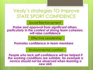 Vealy’s strategies TO Improve
STATE SPORT CONFIDENCE
Environmental comfort
Effective Leadership
Social Reinforcement
Praise and approval from significant others,
particularly in the context of strong team cohesion,
will raise confidence
Promotes confidence in team members
People who lack self confidence will be helped if
the working conditions are suitable, for example a
novice should not be observed when learning a
new skill.
 