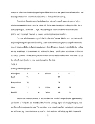 59
or special education directors) requesting the identification of two special education teachers and
two regular education teachers in each district to participate in this study.
One school district required an independent internal research approval process before
administrators or educators could be contacted. The school district provided approval for me to
contact principals. Therefore, 13 high school principals and two supervisors in that school
district were contacted via email to request permission to contact teachers.
Once the administrators responded with educators’ names, 96 educators received emails
requesting their participation in this study. Table 1 shows the demographics of participants and
school locations. Fifty-six Tennessee educators from 28 school districts responded to the on-line
survey providing a 58% return rate. As indicated in Table 1, participants represented 49% of the
57 school systems. Seventy-three percent of the schools were located in urban areas and 27% of
the schools were located in rural areas throughout the state.
Table 1
Participant Demographics
Participants n % Schools n %
Pool 96 57
Respondents 56 28
Male 5 9 Urban 41 73
Female 51 91 Rural 15 27
The on-line survey consisted of 30 questions that required the participant approximately
20 minutes to complete. A 5-point Likert-type scale, Strongly Agree to Strongly Disagree, was
used to collect respondent scores. The questions were created to collect participants’ opinions of
the self-advocacy curriculum capacity to affect their students’ self-advocacy skills that would
 