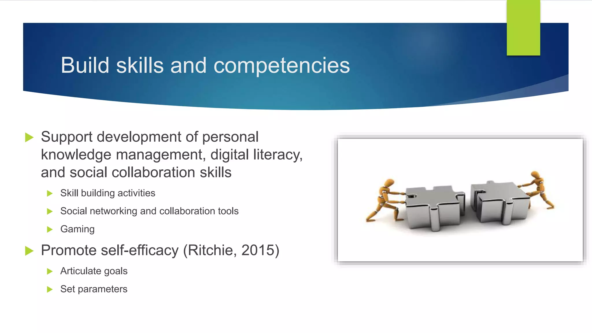 Build skills and competencies
 Support development of personal
knowledge management, digital literacy,
and social collaboration skills
 Skill building activities
 Social networking and collaboration tools
 Gaming
 Promote self-efficacy (Ritchie, 2015)
 Articulate goals
 Set parameters
 