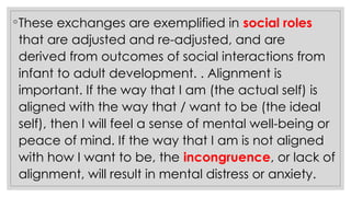 ◦These exchanges are exemplified in social roles
that are adjusted and re-adjusted, and are
derived from outcomes of social interactions from
infant to adult development. . Alignment is
important. If the way that I am (the actual self) is
aligned with the way that / want to be (the ideal
self), then I will feel a sense of mental well-being or
peace of mind. If the way that I am is not aligned
with how I want to be, the incongruence, or lack of
alignment, will result in mental distress or anxiety.
 