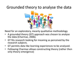 Grounded theory to analyse the data
Need for an exploratory, meanly qualitative methodology
• A grounded theory (GT) approach was chosen to analyse
the data (Charmaz, 2006).
• GT fits research looking for meaning as perceived by the
research subjects.
• GT permits data like learning experiences to be analysed.
• Following Charmaz allows constructing theory (rather then
only theory emergence)
 