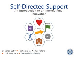 Self-Directed Support
Dr Simon Duffy ￭ The Centre for Welfare Reform
￭ 17th June 2013 ￭ Centre de la Gabrielle
An Introduction to an International
Innovation
 