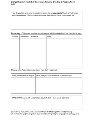 Orange Hive | Life­Hack: Self­discovery & Personal Branding @ Reading Room 
2 of 8 
 
How do you feel (and what do you think) about the survey results? Look at the themes 
and uniquenesses. What do makes you smile, feel uncomfortable, or surprises you? 
 
INNOVATION: I change the game with creativity 
PASSION: I connect with emotion 
POWER: I lead with command 
PRESTIGE: I earn respect with higher standards 
TRUST: I build loyalty with consistency 
MYSTIQUE: I communicate with substance and subtlety 
ALERT: I prevent problems with care  
More here: Fascination Advantages from Sally Hogshead http://www.howtofascinate.com/ 
 
Archetypes ­ Write down possible archetypes and add tiny story about how it applies to you. 
Primary  Secondary  Archetype  Story 
 
 
 
 
 
 
 
 
 
 
 
 
 
 
   
 
 
 
SIGN your favorite archetype.   Write how you’d like someone to introduce you. 
 
 
 
 
 
 
 
 
 
TAKEAWAYS: Aber, Ich spreche kein Deutsch (But, I can’t speak German) 
 
 
 
 
 
Co­created by Trech, Shilpa, Aishy, Kaixin and Angela for TheOrangeHive.com Community 
Life­hack Workshop @ Reading Room. Questions? Email Angela Ognev (angela@redesignhappy.com) 
 
 