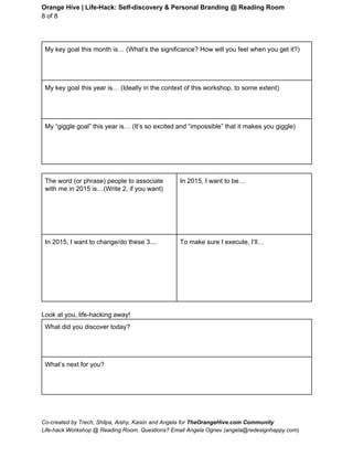 Orange Hive | Life­Hack: Self­discovery & Personal Branding @ Reading Room 
8 of 8 
 
My key goal this month is… (What’s the significance? How will you feel when you get it?) 
 
 
 
My key goal this year is… (Ideally in the context of this workshop, to some extent) 
 
 
 
My “giggle goal” this year is… (It’s so excited and “impossible” that it makes you giggle) 
 
 
 
 
 
The word (or phrase) people to associate 
with me in 2015 is…(Write 2, if you want) 
 
 
 
 
 
In 2015, I want to be… 
In 2015, I want to change/do these 3.... 
 
 
 
 
 
 
To make sure I execute, I’ll… 
 
Look at you, life­hacking away! 
What did you discover today?  
 
 
 
What’s next for you? 
 
 
 
 
Co­created by Trech, Shilpa, Aishy, Kaixin and Angela for TheOrangeHive.com Community 
Life­hack Workshop @ Reading Room. Questions? Email Angela Ognev (angela@redesignhappy.com) 
 
 