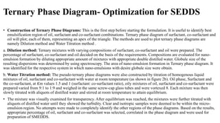 Ternary Phase Diagram- Optimization for SEDDS
• Construction of Ternary Phase Diagrams: This is the first step before starting the formulation. It is useful to identify best
emulsification region of oil, surfactant and co-surfactant combinations. Ternary phase diagram of surfactant, co-surfactant and
oil will plot; each of them, representing an apex of the triangle. The methods are used to plot ternary phase diagrams are
namely Dilution method and Water Titration method .
a. Dilution method: Ternary mixtures with varying compositions of surfactant, co-surfactant and oil were prepared. The
percentage of surfactant, co-surfactant and oil decided on the basis of the requirements. Compositions are evaluated for nano-
emulsion formation by diluting appropriate amount of mixtures with appropriate double distilled water. Globule size of the
resulting dispersions was determined by using spectroscopy. The area of nano-emulsion formation in Ternary phase diagram. It
was identified for the respective system in which nano-emulsions with desire globule size were obtain.
b. Water Titration method: The pseudo-ternary phase diagrams were also constructed by titration of homogenous liquid
mixtures of oil, surfactant and co-surfactant with water at room temperature (as shown in figure 2b). Oil phase, Surfactant and
the co-surfactant, at Km values 1.5 and 1 (surfactant: co-surfactant ratio), oily mixtures of oil, surfactant and co-surfactant were
prepared varied from 9:1 to 1:9 and weighed in the same screw-cap glass tubes and were vortexed 8. Each mixture was then
slowly titrated with aliquots of distilled water and stirred at room temperature to attain equilibrium.
• The mixture was visually examined for transparency. After equilibrium was reached, the mixtures were further titrated with
aliquots of distilled water until they showed the turbidity. Clear and isotropic samples were deemed to be within the micro-
emulsion region. No attempts were made to completely identify the other regions of the phase diagrams. Based on the results,
appropriate percentage of oil, surfactant and co-surfactant was selected, correlated in the phase diagram and were used for
preparation of SMEDDS.
 