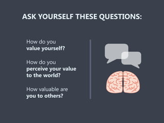 ASK YOURSELF THESE QUESTIONS:
How do you
value yourself?
How valuable are
you to others?
How do you
perceive your value
to...
